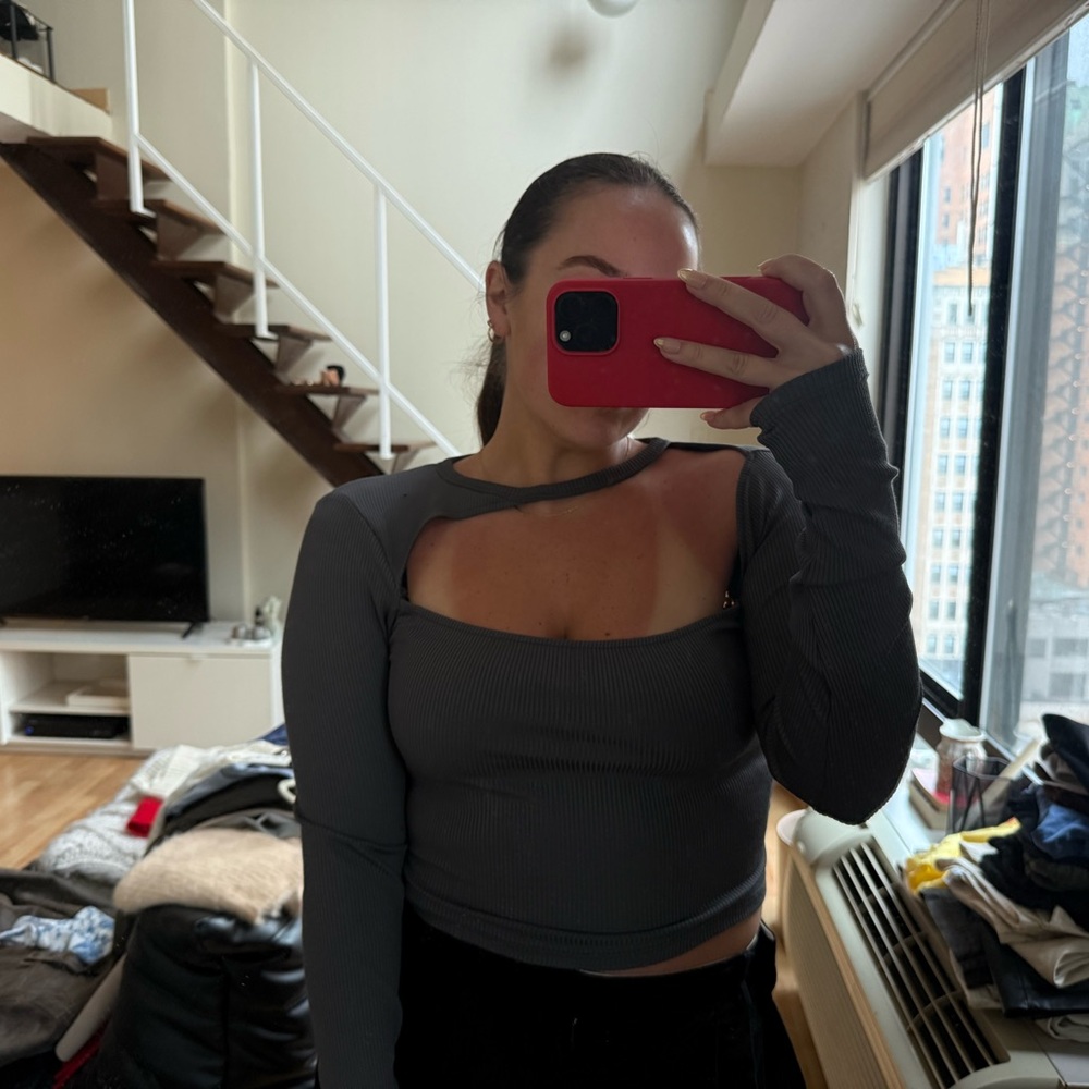 Bershka Dark Gray Cut-Out Long Sleeve Top